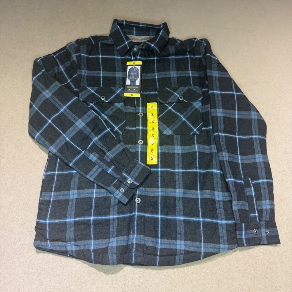 Grizzly Mountain Mens Sherpa Lined Flannel Shirt Jacket Blue Grey Plaid Small